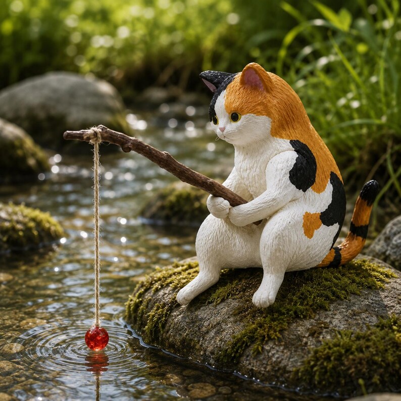Figurine Chat Pêcheur en Résine, Ornement pour Aquarium et Terrarium, Décoration Kawaii pour Bureau et Jardin de Fées, Cadeau pour Amoureux des Chats, 5 cm