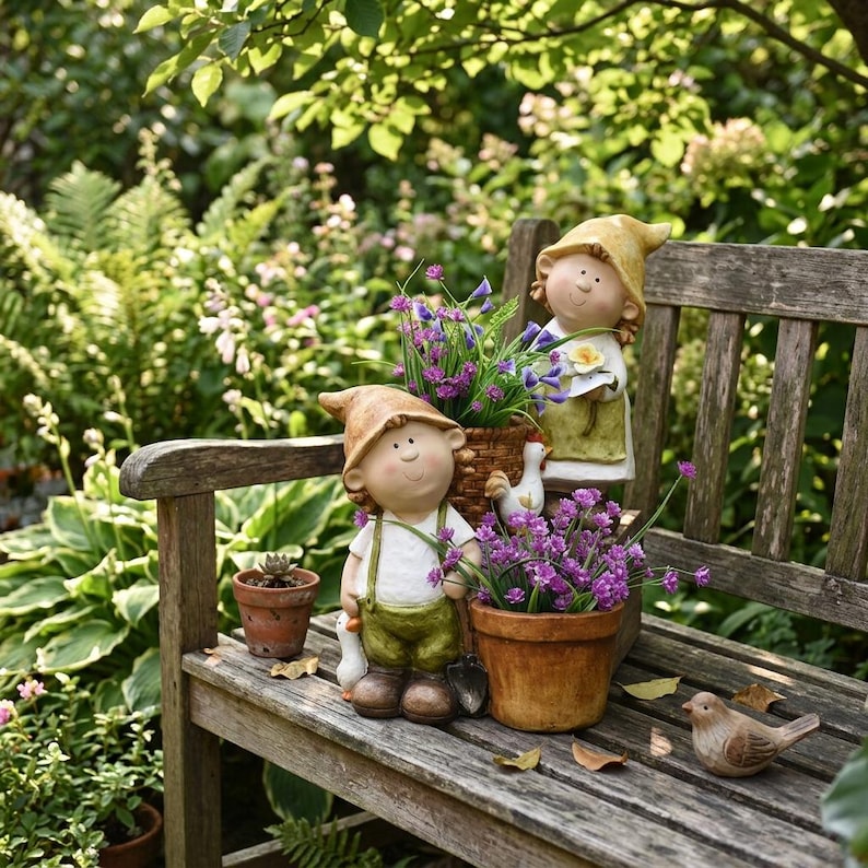 Sculpture de jardin champêtre en résine, pot de fleurs décoratif pour cour et terrasse, 38 x 38 x 21 cm