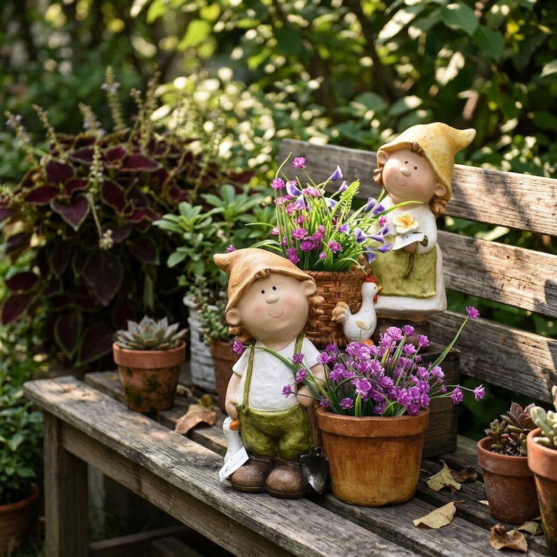 Sculpture de jardin champêtre en résine, pot de fleurs décoratif pour cour et terrasse, 38 x 38 x 21 cm