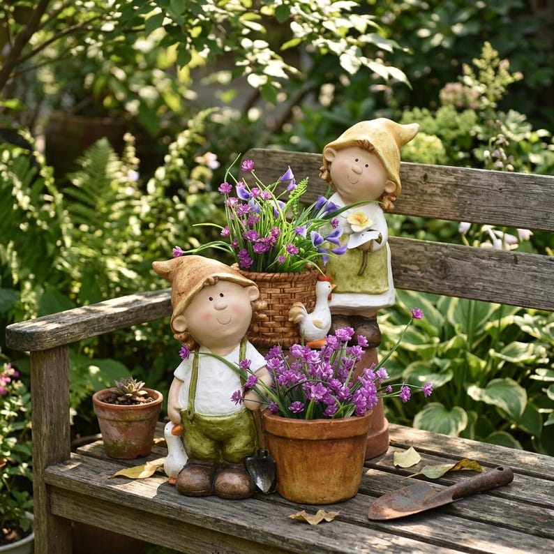 Sculpture de jardin champêtre en résine, pot de fleurs décoratif pour cour et terrasse, 38 x 38 x 21 cm