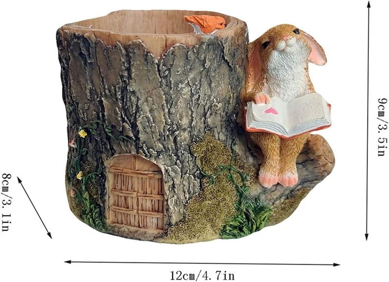 Pot de jardin féerique miniature en résine avec lapin lisant près d’une souche d’arbre, 5 x 3,5 x 3,8 po