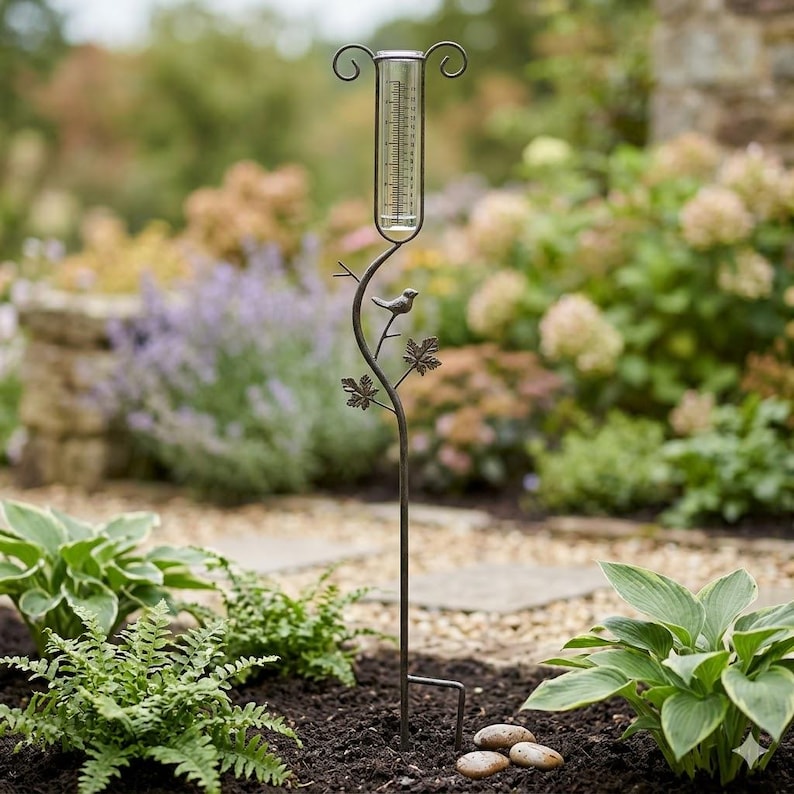 Pluviomètre avec cadre en métal blanc antique et cylindre en verre, échelle de mesure 1-17 mm, hauteur 133 cm