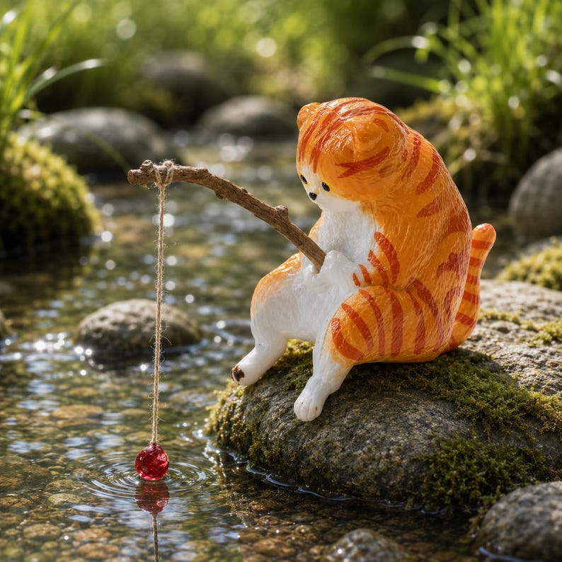 Figurine Chat Pêcheur en Résine, Ornement pour Aquarium et Terrarium, Décoration Kawaii pour Bureau et Jardin de Fées, Cadeau pour Amoureux des Chats, 5 cm
