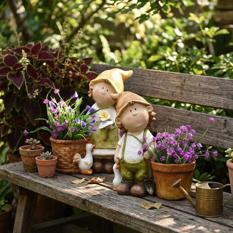 Sculpture de jardin champêtre en résine, pot de fleurs décoratif pour cour et terrasse, 38 x 38 x 21 cm