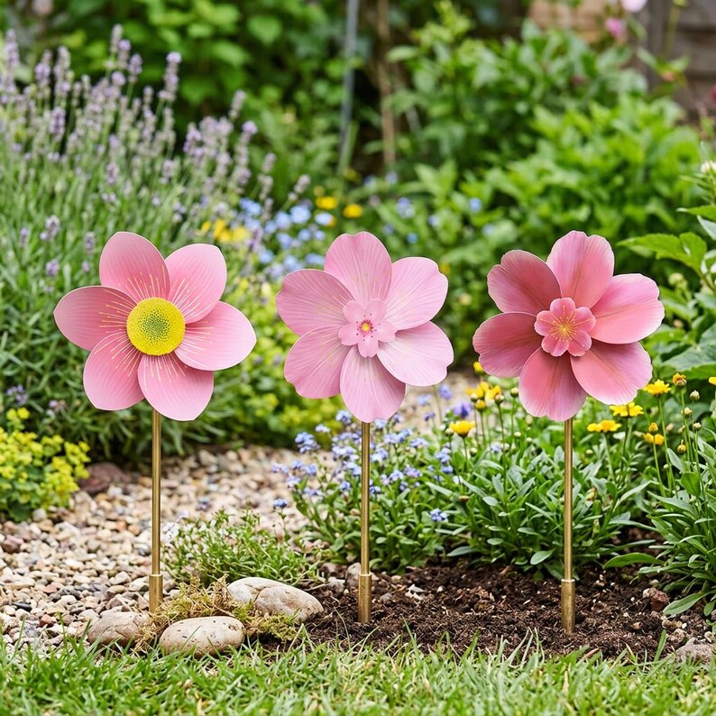 Girouette de Jardin Fleur Rose Moulin à Vent 35 cm Piquet pour Pelouse Extérieure