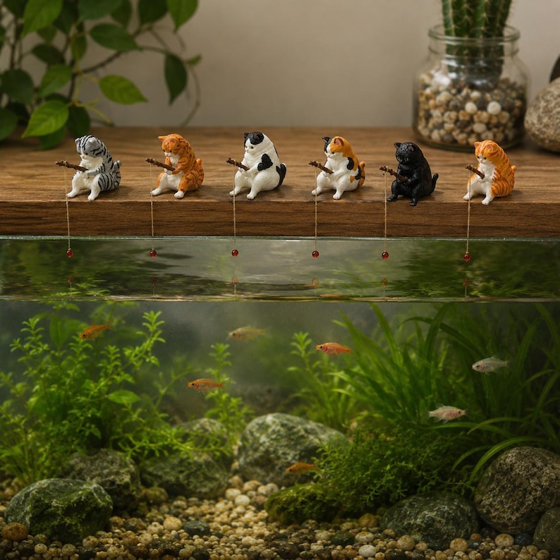 Figurine Chat Pêcheur en Résine, Ornement pour Aquarium et Terrarium, Décoration Kawaii pour Bureau et Jardin de Fées, Cadeau pour Amoureux des Chats, 5 cm