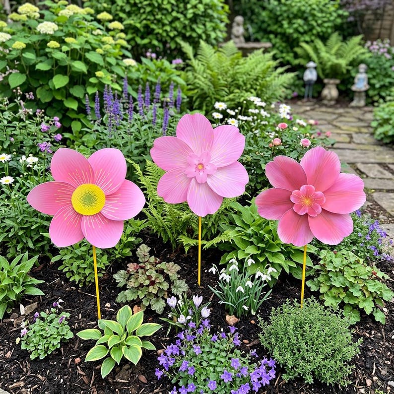 Girouette de Jardin Fleur Rose Moulin à Vent 35 cm Piquet pour Pelouse Extérieure
