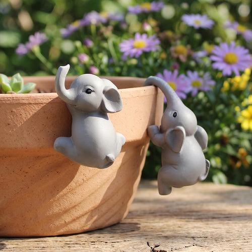 2 Pièces Éléphant Pot Hugger Figurine Résine, Décoration de Bord de Pot de Fleurs pour Jardin Intérieur et Extérieur, Cadeau pour Amateurs de Plantes