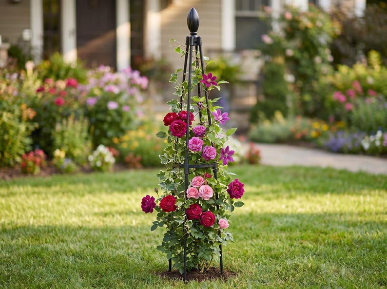 Treillis Obélisque de Jardin en Métal pour Plantes Grimpantes, 90 cm, avec Décoration Oiseau ou Bouton de Fleur