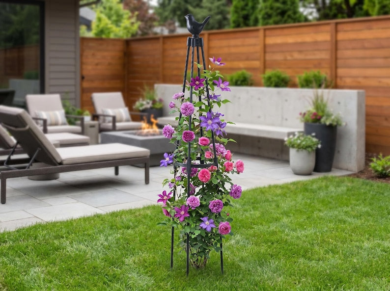 Treillis Obélisque de Jardin en Métal pour Plantes Grimpantes, 90 cm, avec Décoration Oiseau ou Bouton de Fleur