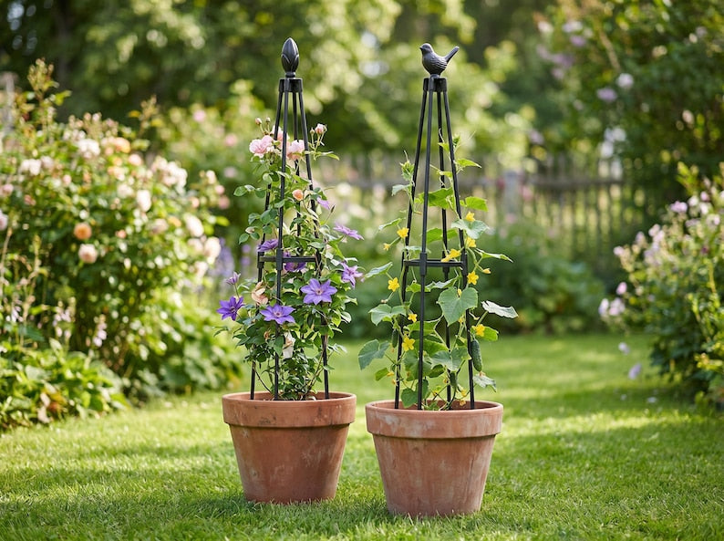 Treillis Obélisque de Jardin en Métal pour Plantes Grimpantes, 90 cm, avec Décoration Oiseau ou Bouton de Fleur