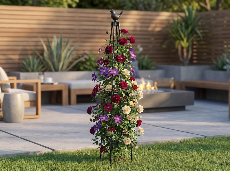 Treillis Obélisque de Jardin en Métal pour Plantes Grimpantes, 90 cm, avec Décoration Oiseau ou Bouton de Fleur