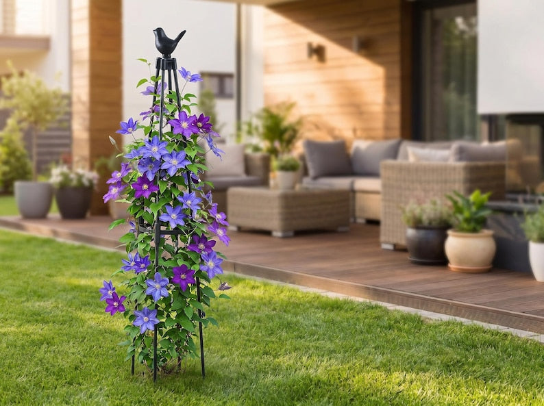 Treillis Obélisque de Jardin en Métal pour Plantes Grimpantes, 90 cm, avec Décoration Oiseau ou Bouton de Fleur