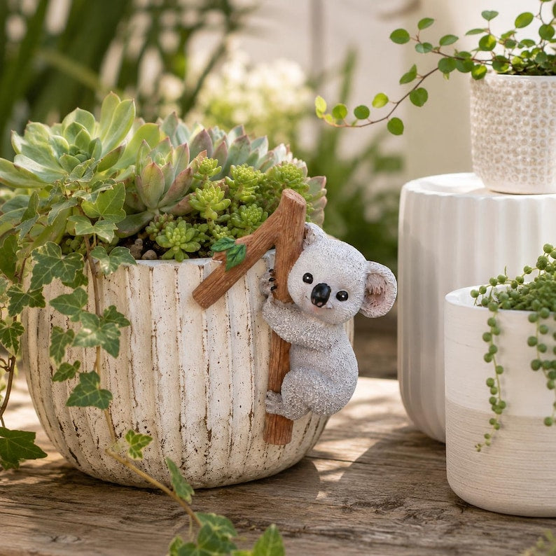 Suspension de pot de fleurs koala mignon, figurine de koala grimpant, ornement de jardinière en résine, décoration de plante succulente pour amateur de plantes