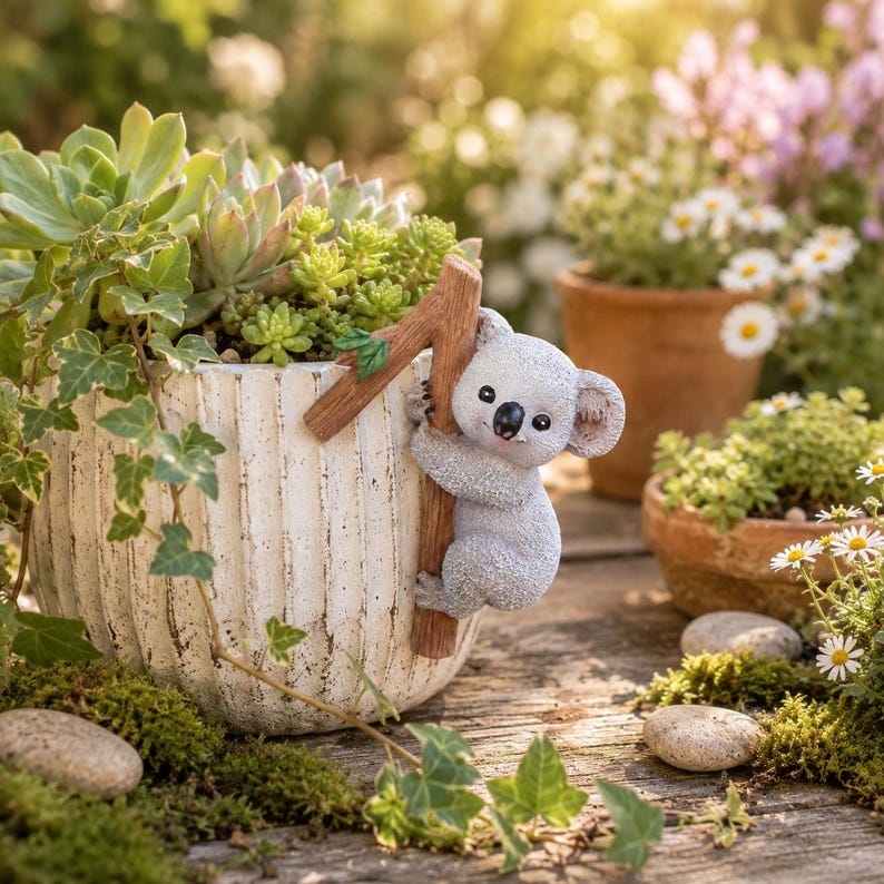 Suspension de pot de fleurs koala mignon, figurine de koala grimpant, ornement de jardinière en résine, décoration de plante succulente pour amateur de plantes