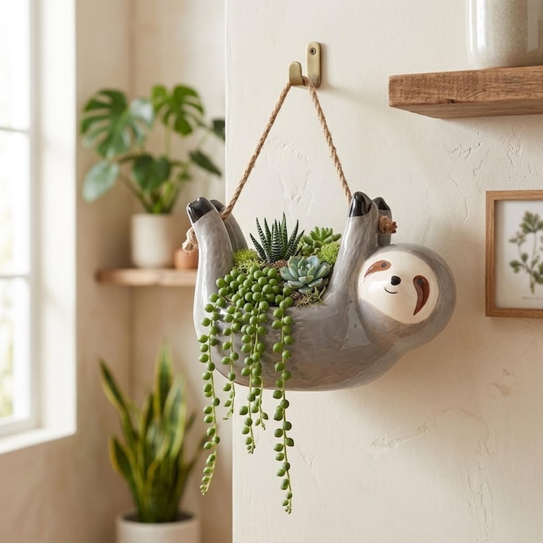 Cache-pot suspendu en céramique Paresseux, Jardinière murale pour plantes succulentes, 15x14cm, Gris ou Crème