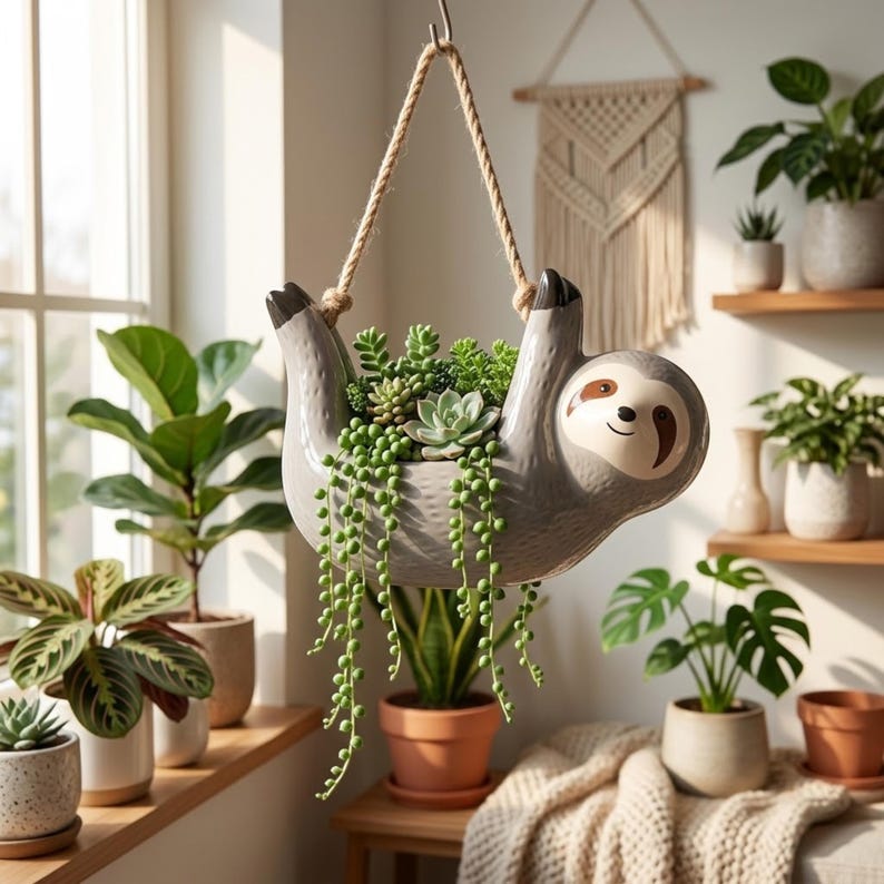 Cache-pot suspendu en céramique Paresseux, Jardinière murale pour plantes succulentes, 15x14cm, Gris ou Crème