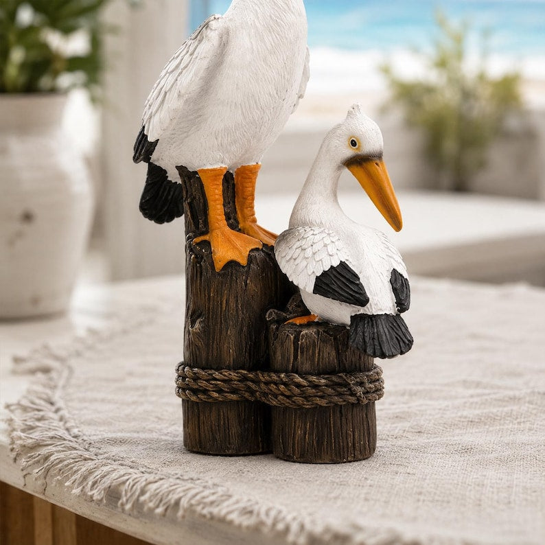 Sculpture en résine mère et bébé pélican côtier de 32 cm, décoration de jardin nautique, décoration de bureau sur le thème de la plage