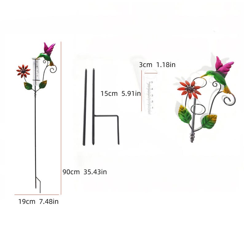 Pieu de jardin en métal pour pluviomètre, colibri multicolore, décoration extérieure résistante aux intempéries
