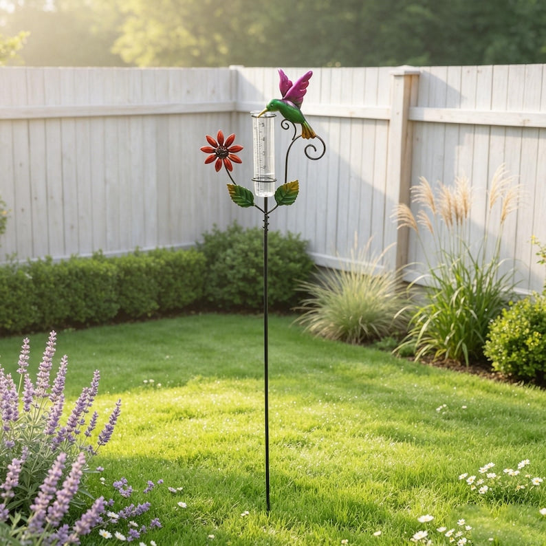 Pieu de jardin en métal pour pluviomètre, colibri multicolore, décoration extérieure résistante aux intempéries