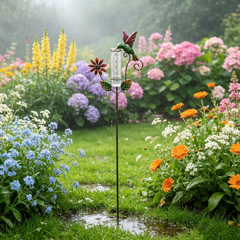 Pieu de jardin en métal pour pluviomètre, colibri multicolore, décoration extérieure résistante aux intempéries
