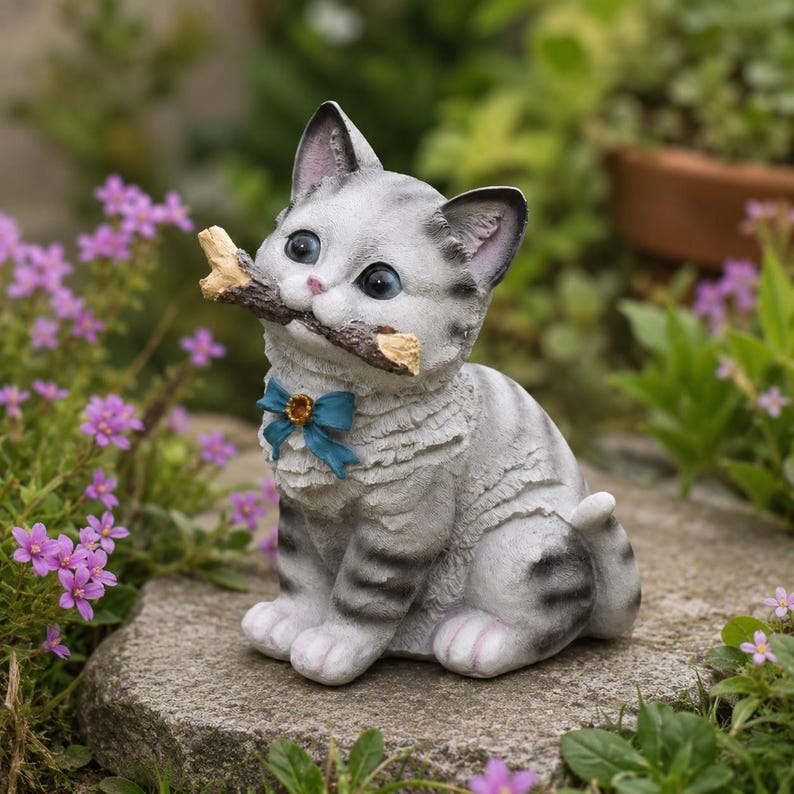 Statue de chat de jardin en résine, décoration d'extérieur pour pelouse de patio, figurine de chaton tigré avec ruban bleu, 23 cm