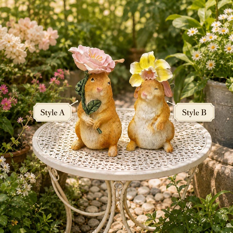 Lapin en résine peint à la main avec fleur, décoration extérieure cottagecore 16 cm