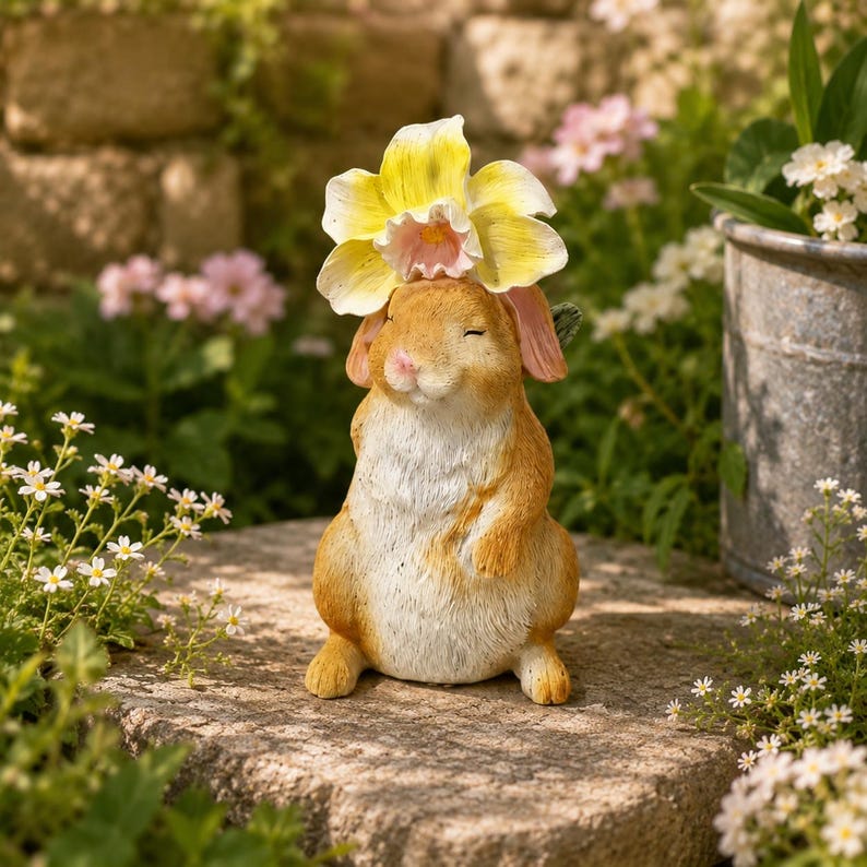 Lapin en résine peint à la main avec fleur, décoration extérieure cottagecore 16 cm