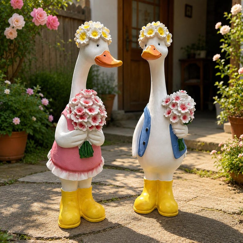 Statue de canards rustiques extérieure en résine, décoration de jardin romantique, ornement de patio pour la maison, paire décorative