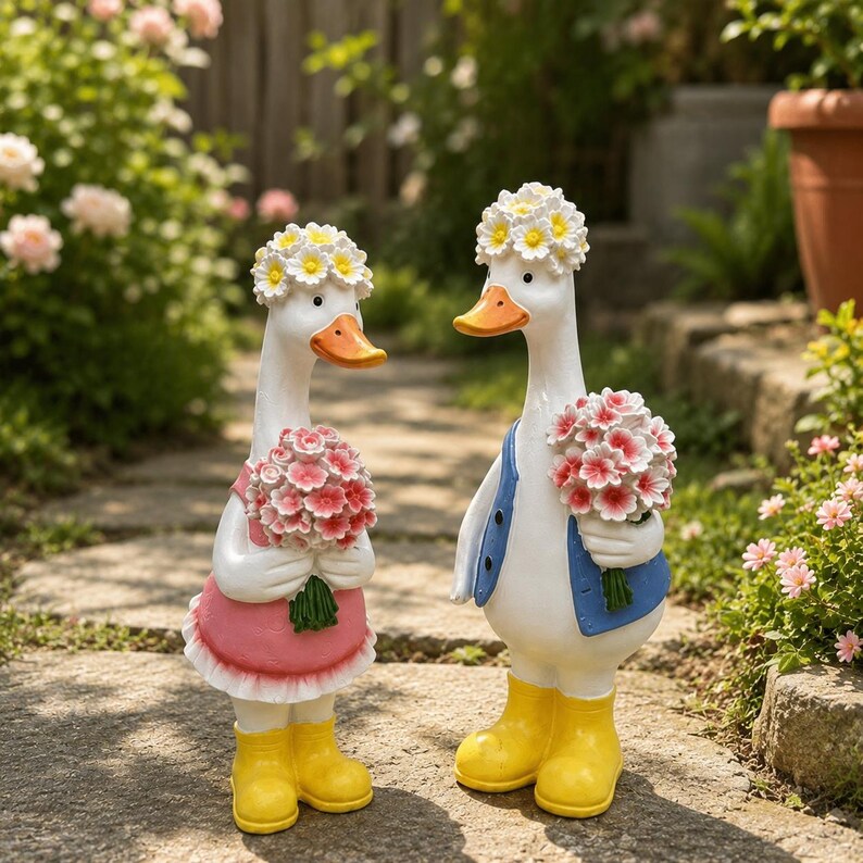 Statue de canards rustiques extérieure en résine, décoration de jardin romantique, ornement de patio pour la maison, paire décorative