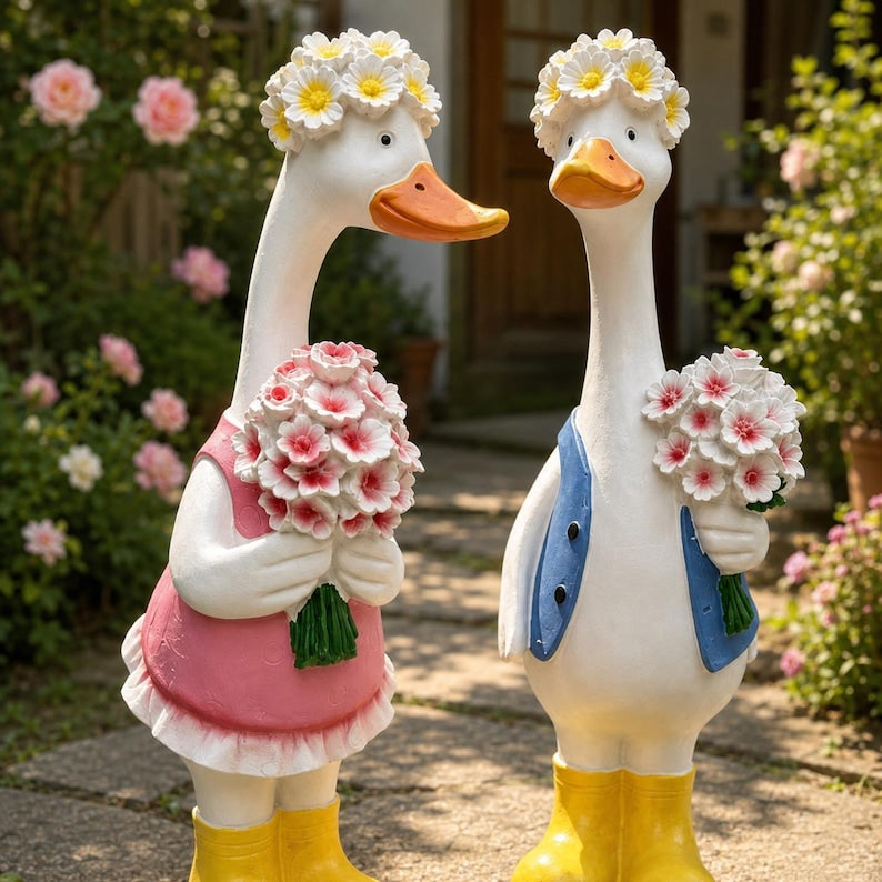 Statue de canards rustiques extérieure en résine, décoration de jardin romantique, ornement de patio pour la maison, paire décorative