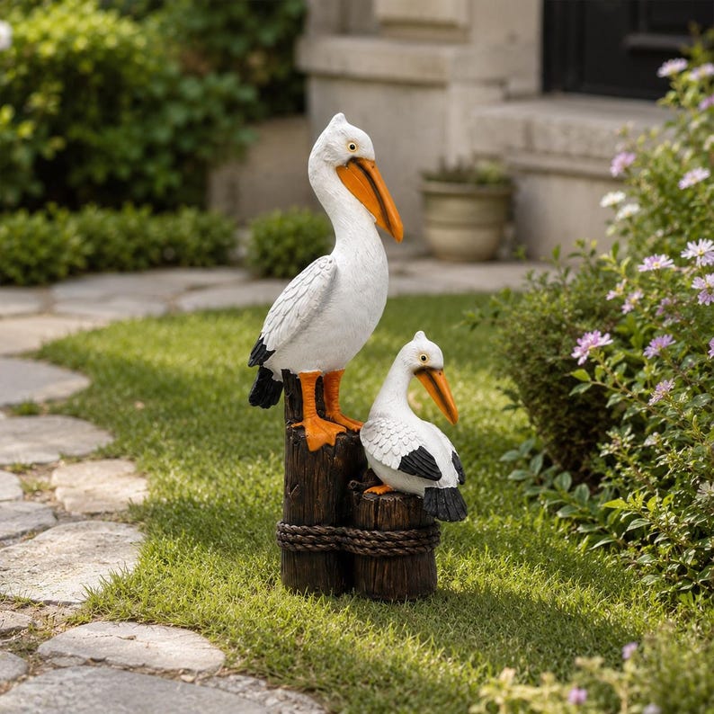 Sculpture en résine mère et bébé pélican côtier de 32 cm, décoration de jardin nautique, décoration de bureau sur le thème de la plage