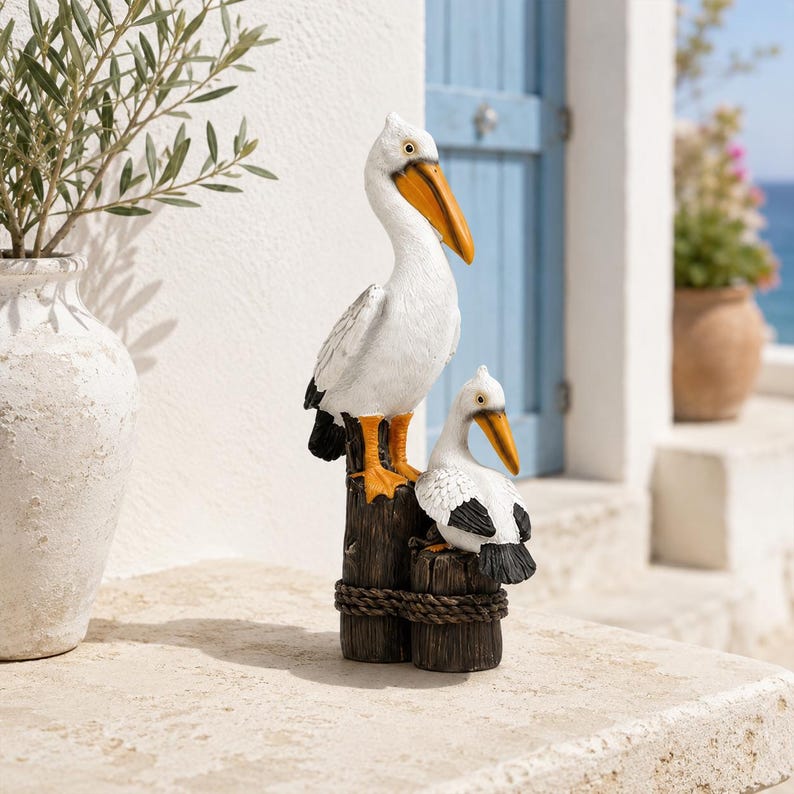 Sculpture en résine mère et bébé pélican côtier de 32 cm, décoration de jardin nautique, décoration de bureau sur le thème de la plage