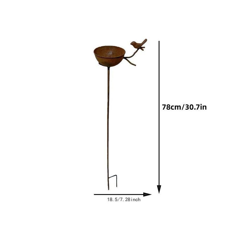 Bain d'oiseaux sur piquet en fer forgé rouillé pour jardin - Décoration de jardin avec sculpture d'oiseau