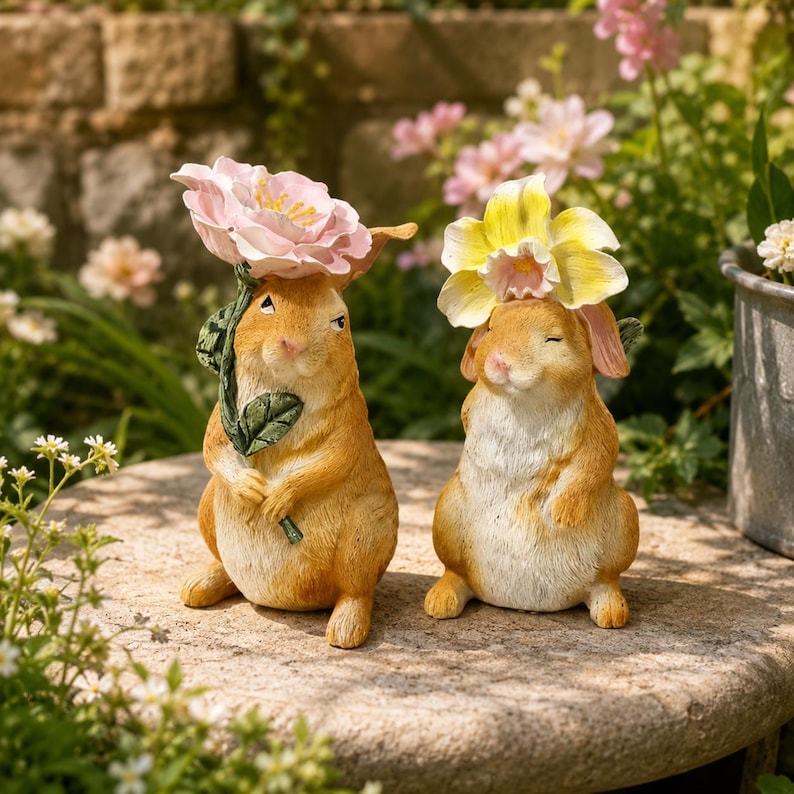 Lapin en résine peint à la main avec fleur, décoration extérieure cottagecore 16 cm