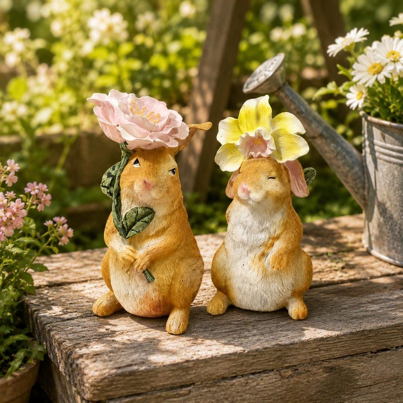 Lapin en résine peint à la main avec fleur, décoration extérieure cottagecore 16 cm