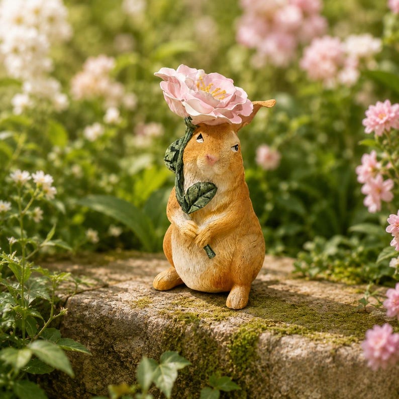 Lapin en résine peint à la main avec fleur, décoration extérieure cottagecore 16 cm
