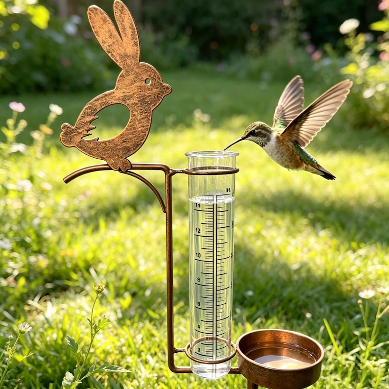 Pluviomètre en métal lapin 93 cm avec mangeoire à oiseaux, Décoration de jardin style ferme