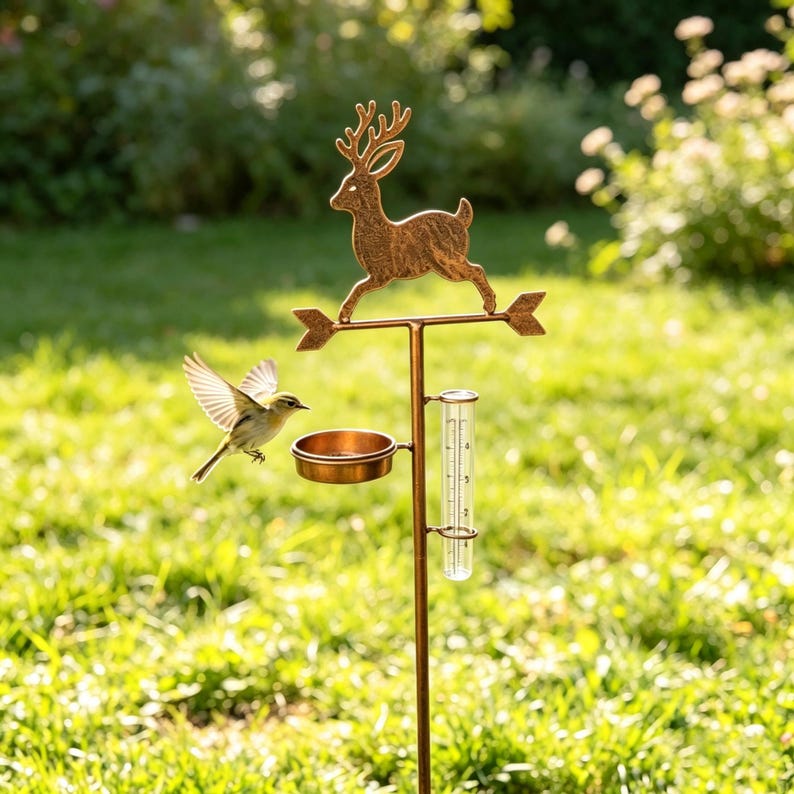 Pluviomètre en métal en forme de cerf avec mangeoire à oiseaux, décoration de jardin pour mesurer les précipitations
