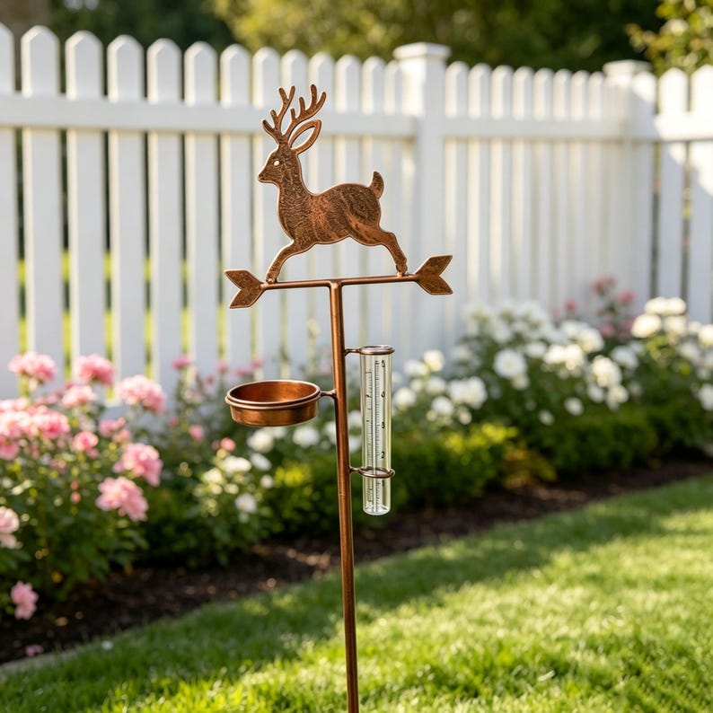 Pluviomètre en métal en forme de cerf avec mangeoire à oiseaux, décoration de jardin pour mesurer les précipitations