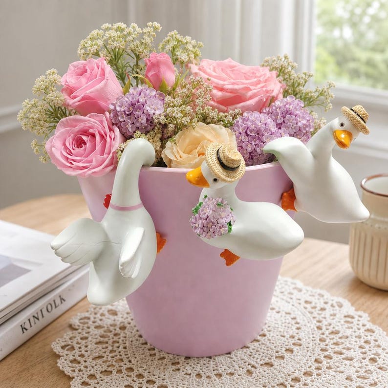 Ensemble de 3 figurines de canard blanc pour pot de fleurs suspendu, chapeau de paille, noeud papillon, résine pour décoration de jardin et maison
