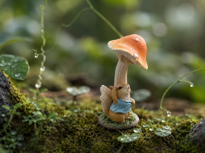 Figurine Écureuil sous Champignon en Résine pour Décoration Féerique et Terrarium