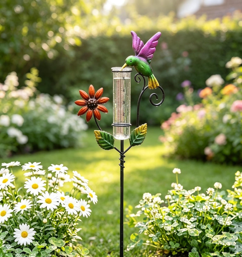 Pieu de jardin en métal pour pluviomètre, colibri multicolore, décoration extérieure résistante aux intempéries
