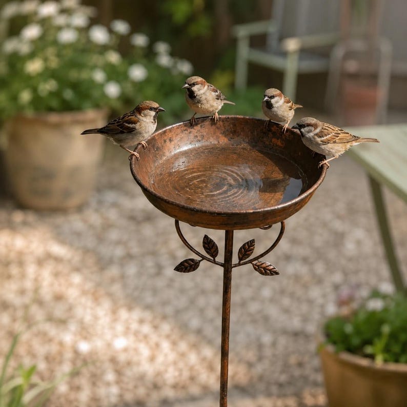 Bain d'oiseaux vintage en métal avec piquet pour jardin, hauteur 76 cm, diamètre 24,2 cm