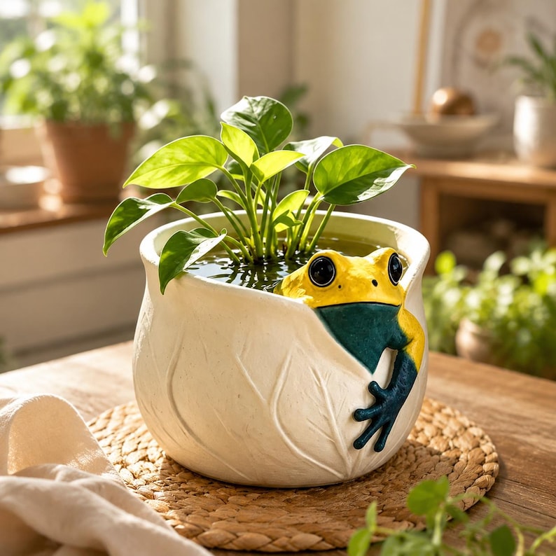Pot de fleurs mural grenouille avec motif feuilles en relief pour succulentes