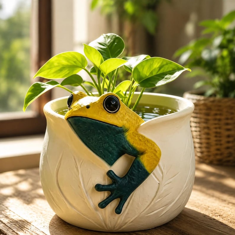 Pot de fleurs mural grenouille avec motif feuilles en relief pour succulentes