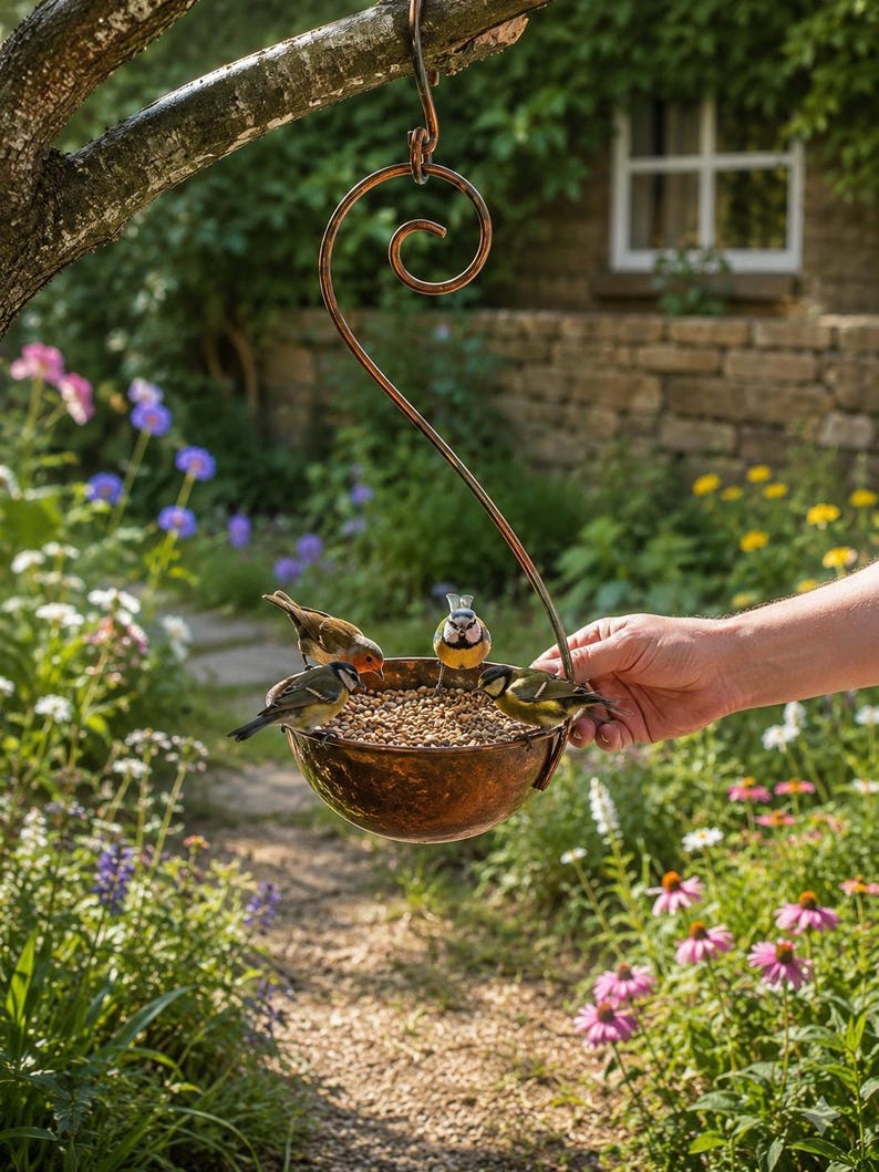 Mangeoire et bain d'oiseaux suspendus en métal, décoration de jardin rustique