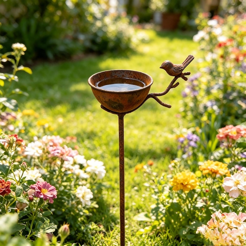 Bain d'oiseaux sur piquet en fer forgé rouillé pour jardin - Décoration de jardin avec sculpture d'oiseau