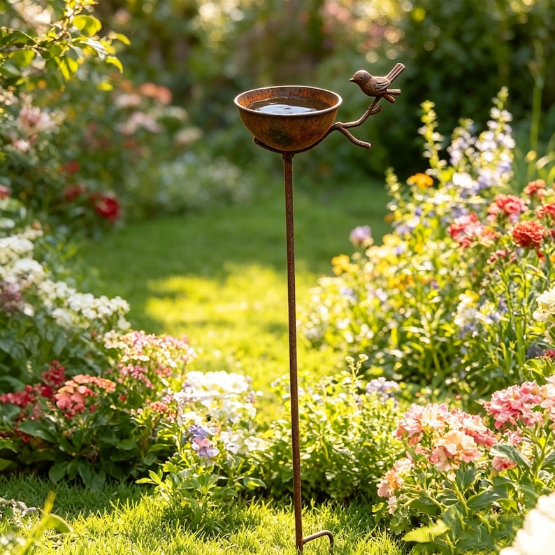Bain d'oiseaux sur piquet en fer forgé rouillé pour jardin - Décoration de jardin avec sculpture d'oiseau