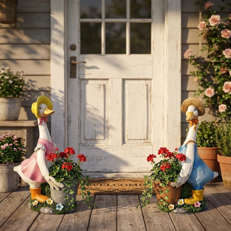 Couple de jars décoratifs en résine avec jardinières, ornement de jardin champêtre, décoration de patio, 36,3 cm